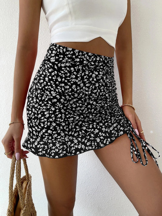 Boho Ruffle Hem Mini Skirts For Women 2022 Knot Ruched  Mermaid High Waist Ditsy Floral Print With Zipper