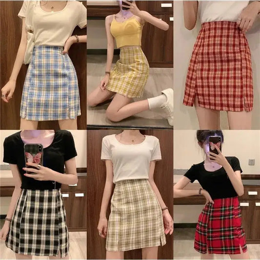 Women&#39;s 2022 Summer New Retro Color Matching Short Zipper Slim Skirt Plaid Skirt Sexy Hip Skirt Female Korea Japanese Students